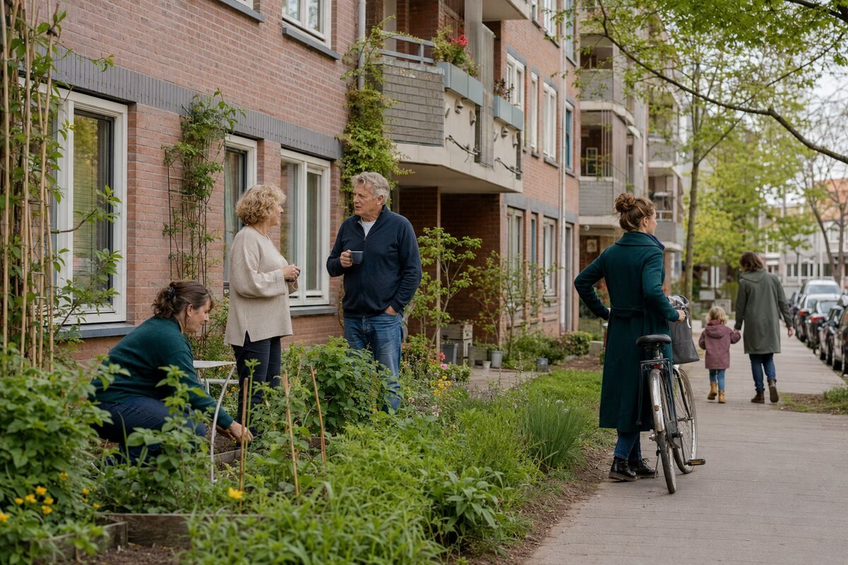 Buurtbewoners ontmoeten elkaar op een gewone dag tussen woningen, groen en fietsen.