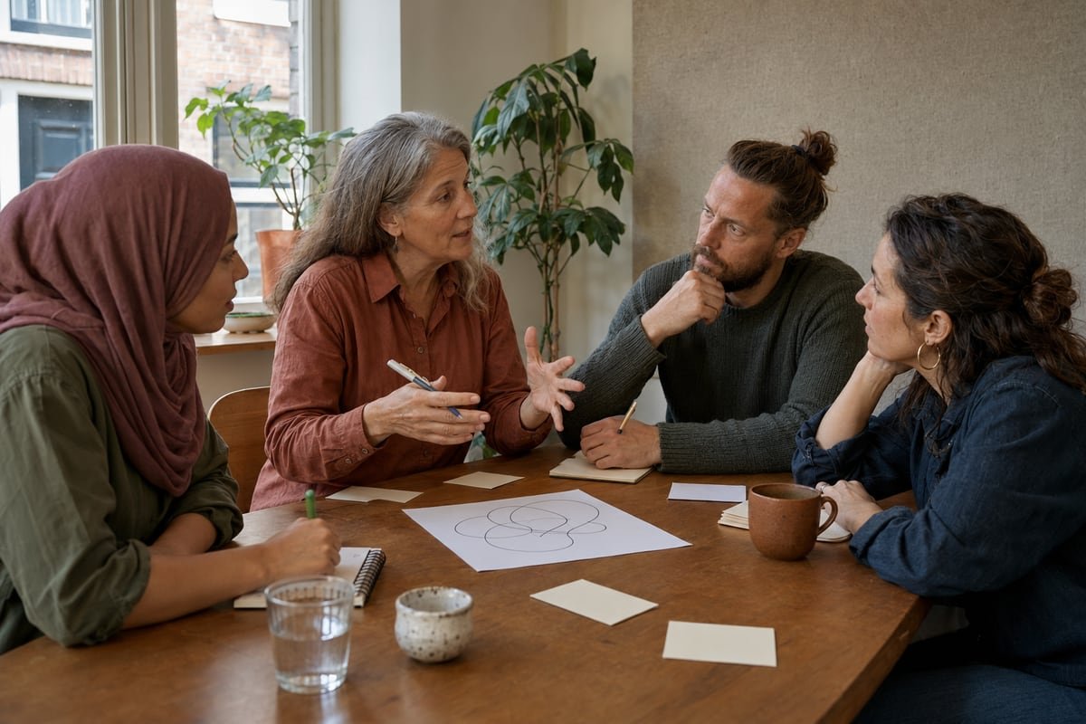 Mensen luisteren naar elkaar rond een kleine tafel en bespreken terugkerende patronen.