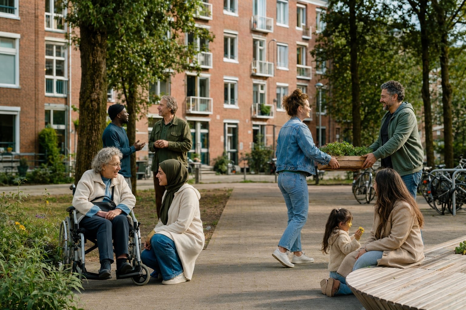 Bewoners van verschillende leeftijden ontmoeten elkaar in een groene en toegankelijke stadsruimte.