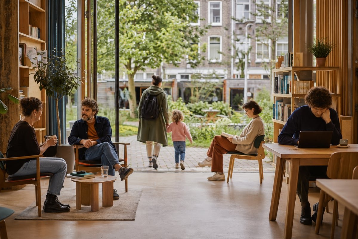 Mensen ontmoeten elkaar, lezen en werken in een open gemeenschappelijke ruimte aan een groene binnentuin.