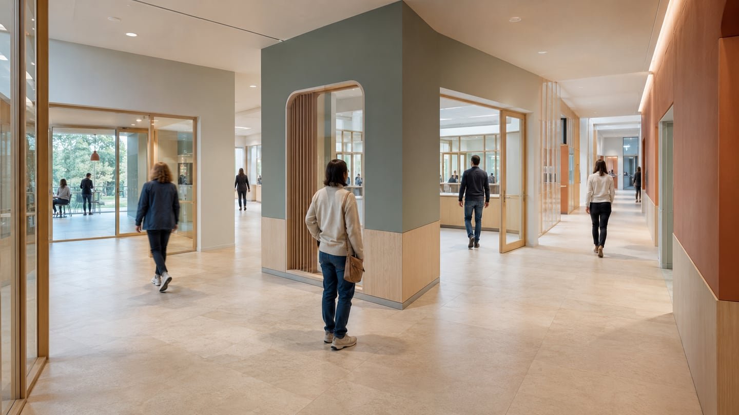 Bezoekers zoeken hun route in een licht gebouw waar verschillende gangen en voorzieningen samenkomen.