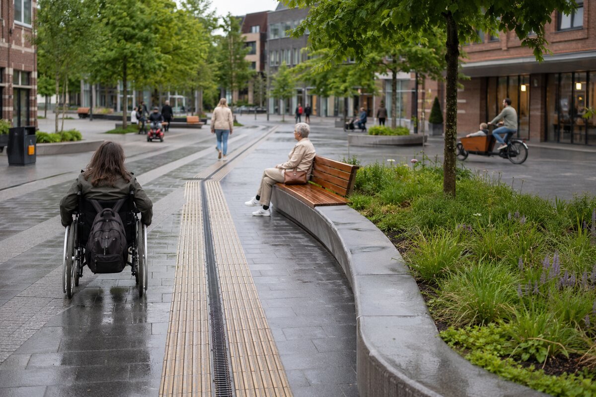 Een toegankelijke stadsruimte met een gelijkvloerse route, zitplekken, groen en ruimte voor verschillende manieren van verplaatsen.