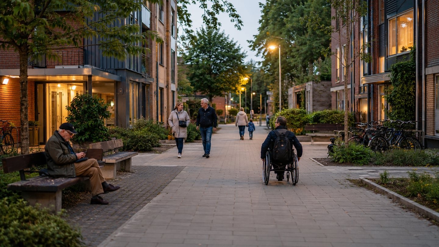 Een toegankelijke woonstraat met groen, zitplekken, open entrees en ruimte voor zelfstandig gebruik en ontmoeting.