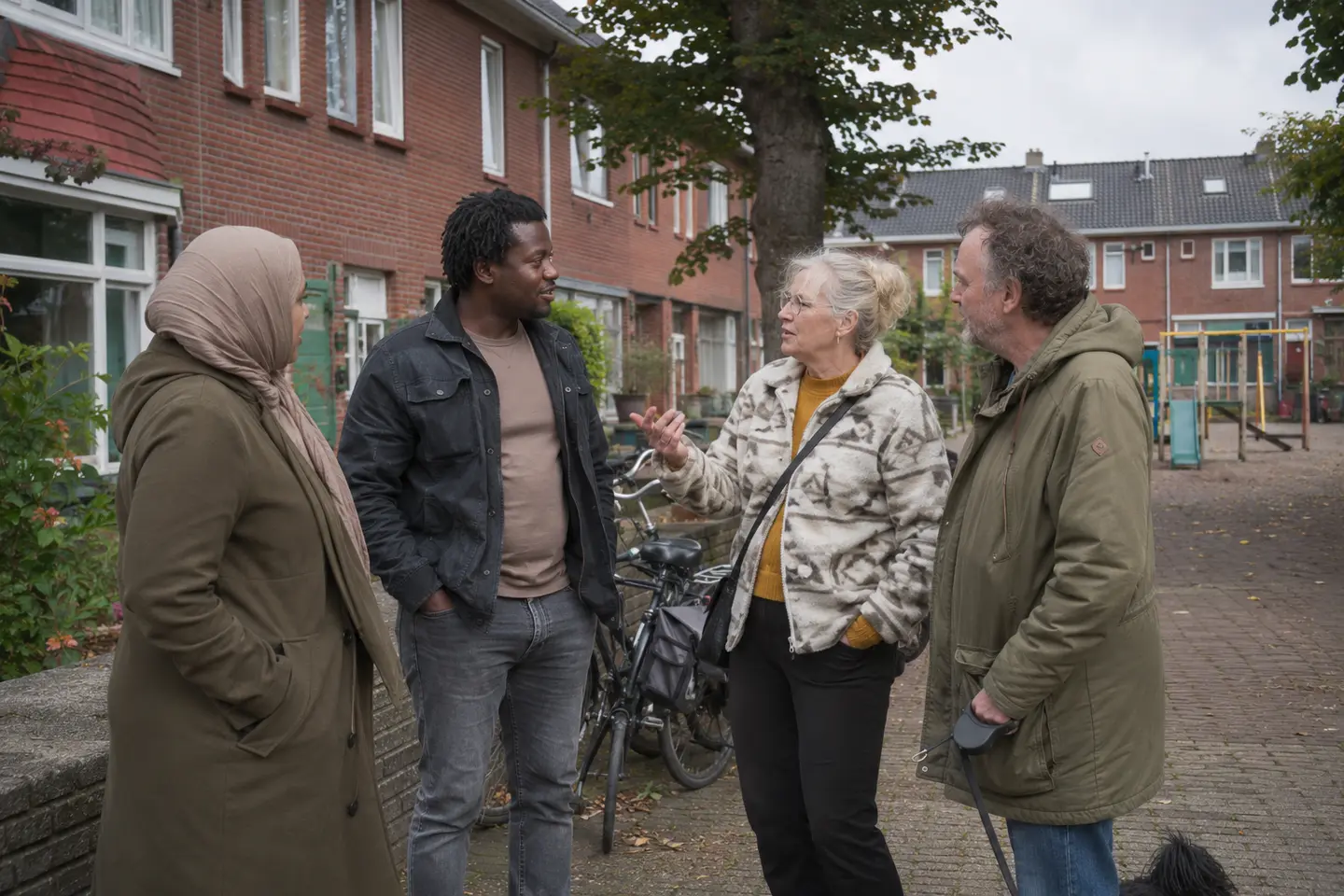 Vier buurtbewoners van verschillende leeftijden spreken elkaar bij woningen, fietsen en een speelplek.