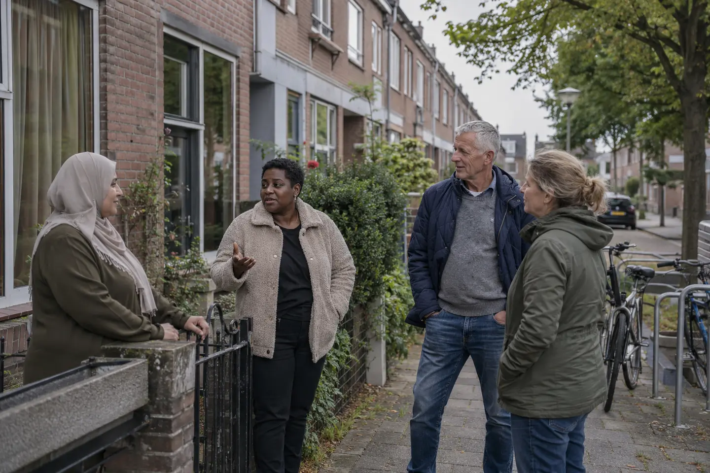 Vier buurtbewoners bespreken iets bij de voordeur van een woning in een Nederlandse straat.