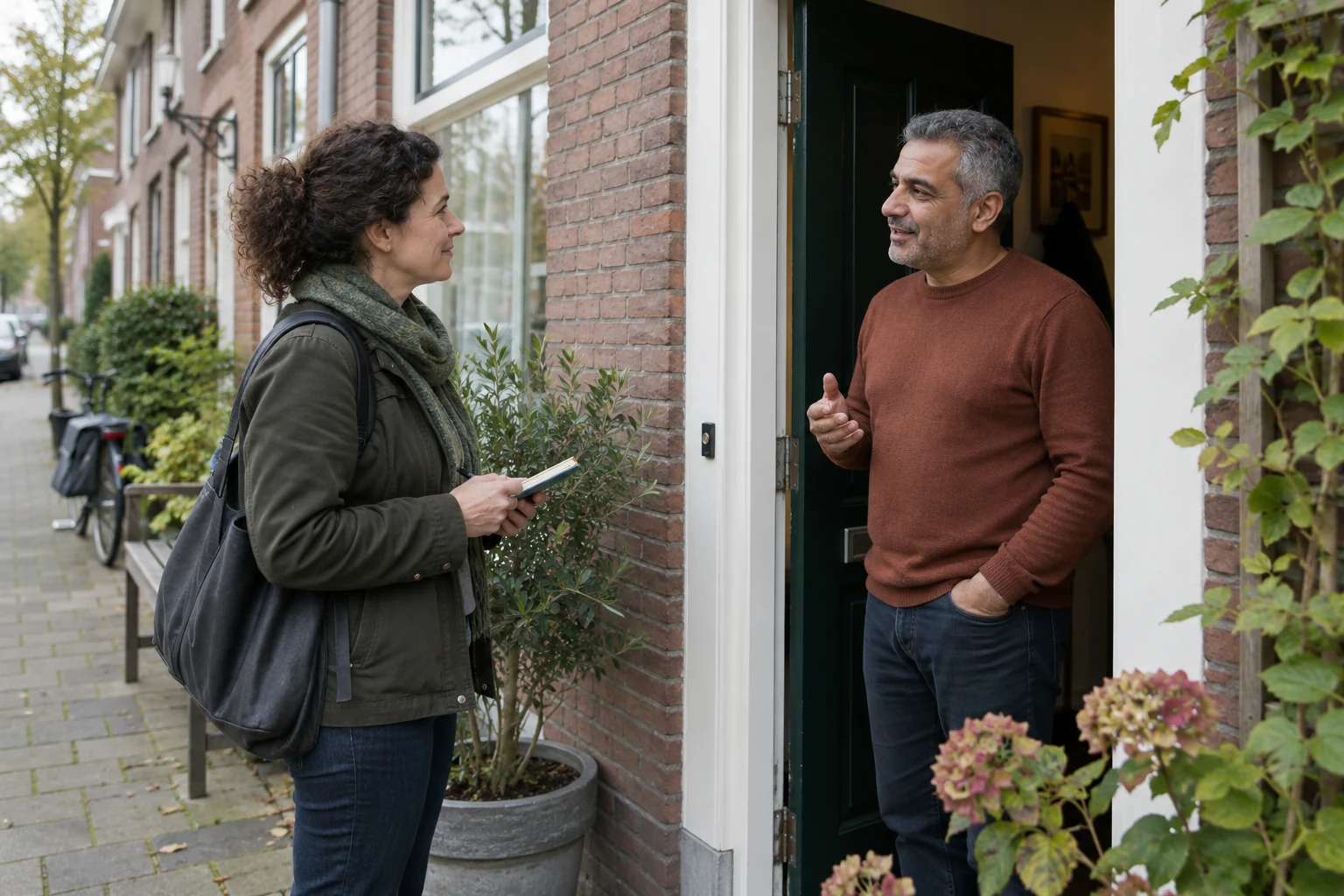 Een bewoner spreekt bij zijn voordeur met een bezoeker die een klein notitieboek bij zich heeft.