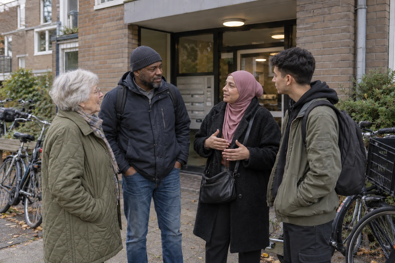Vier buurtbewoners van verschillende leeftijden praten met elkaar bij de ingang van een woongebouw.