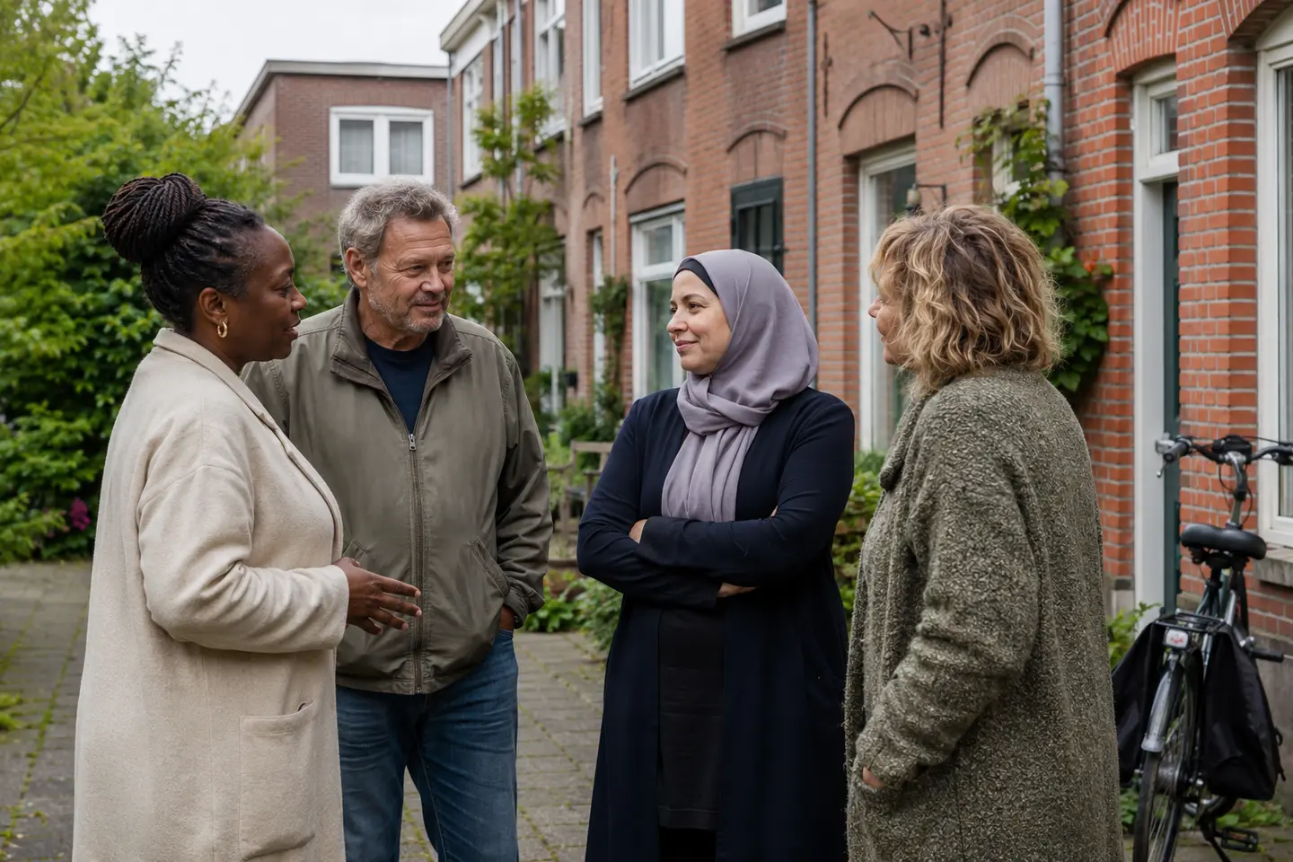 Vier buurtbewoners met verschillende achtergronden spreken elkaar voor Nederlandse rijwoningen.