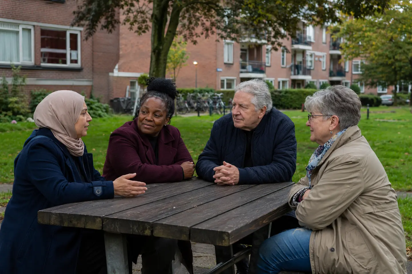 Buurtbewoners en een professional bespreken samen een concrete route aan tafel.