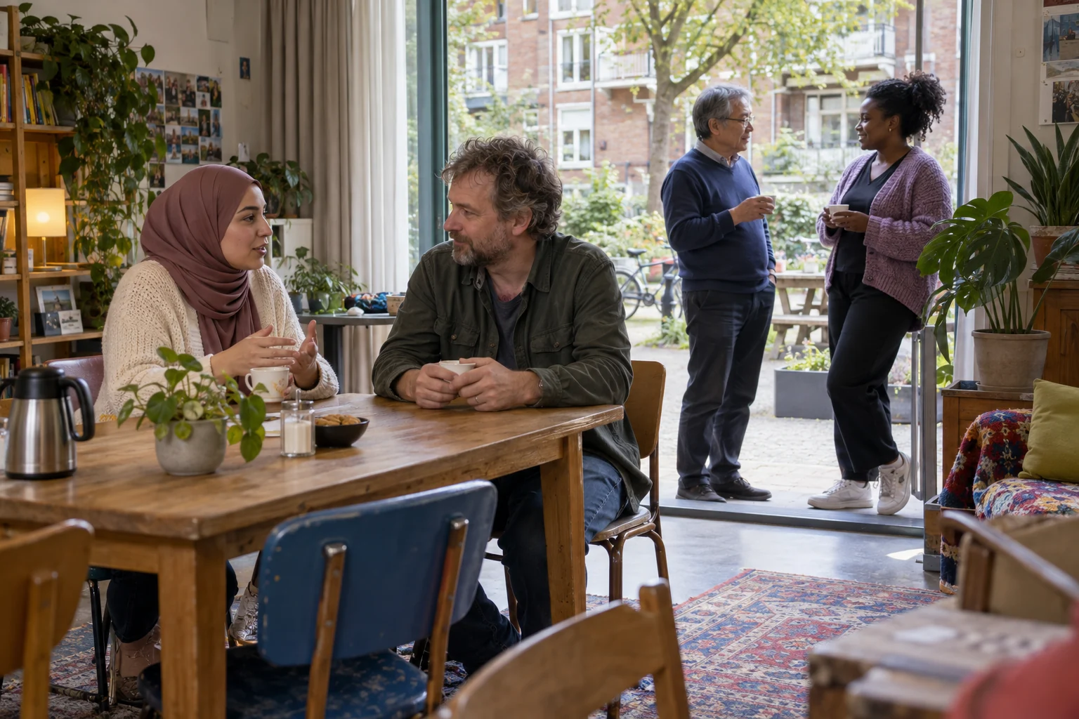 Buurtbewoners voeren verschillende gesprekken in een buurtkamer en bij de open deur naar de binnentuin.