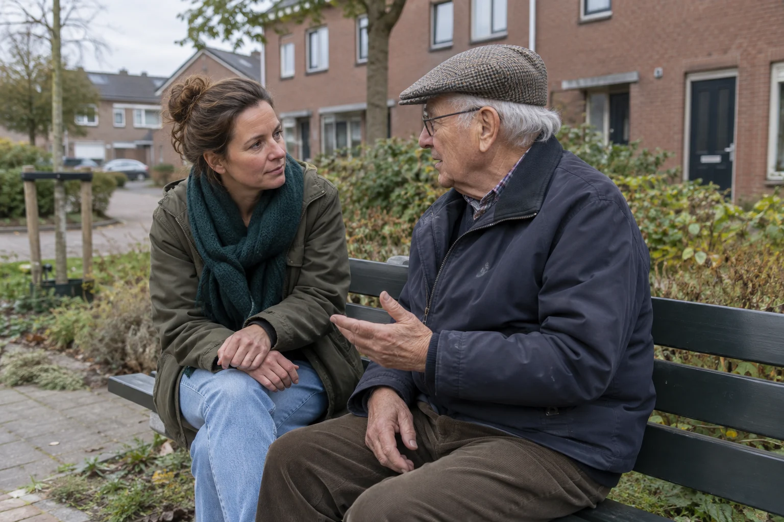 Een vrouw luistert naar een oudere man op een bank tussen de woningen.