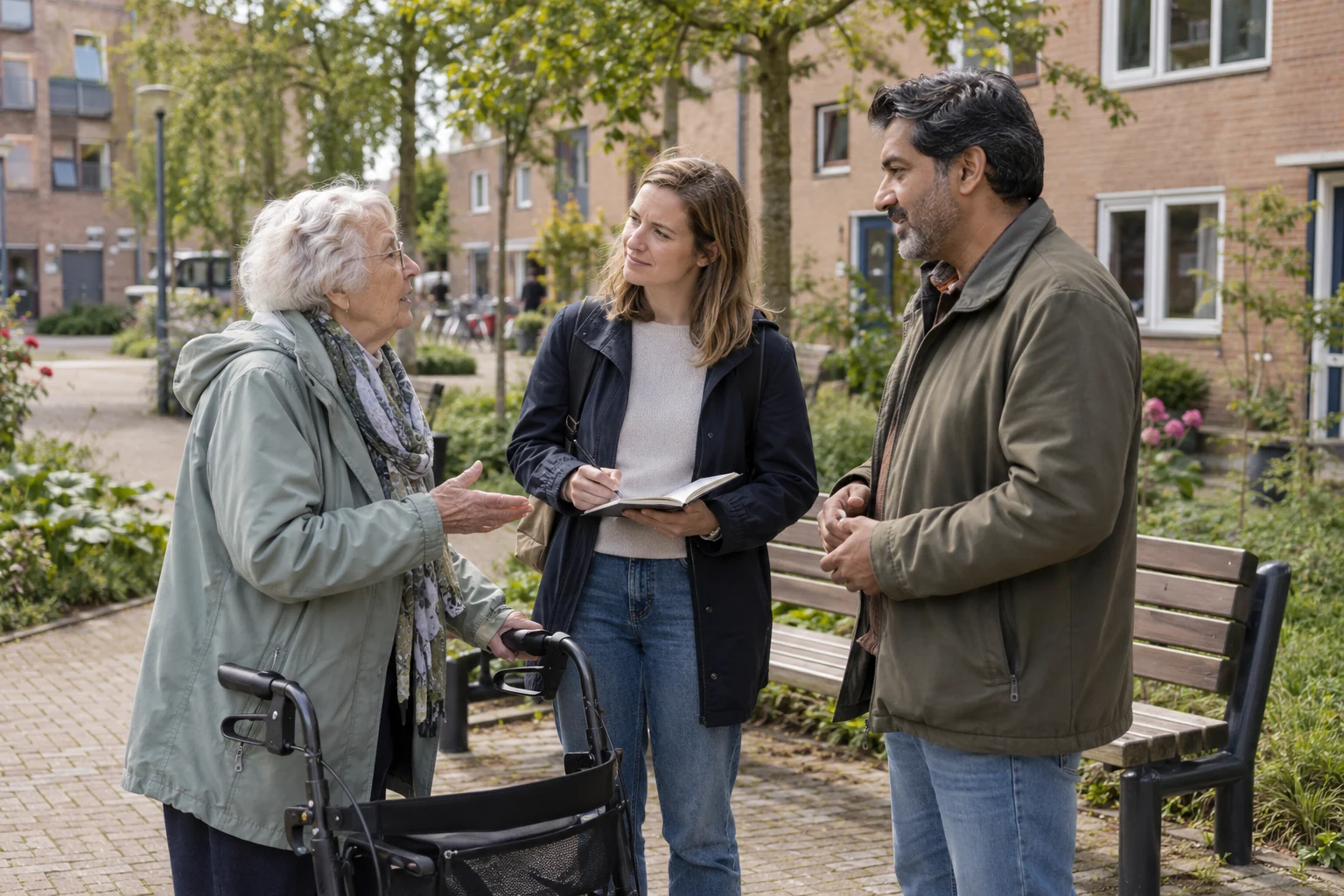 Een vrouw maakt aantekeningen terwijl zij naar twee bewoners luistert tijdens een gesprek in de wijk.