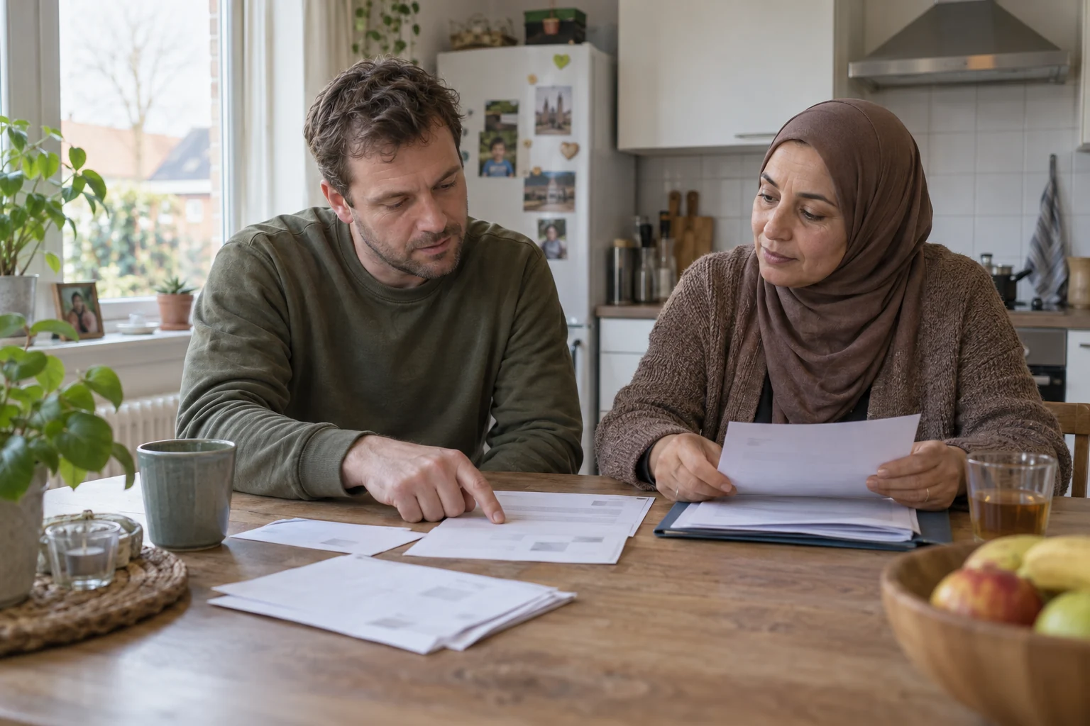 Twee gesprekspartners bekijken samen brieven aan een keukentafel.