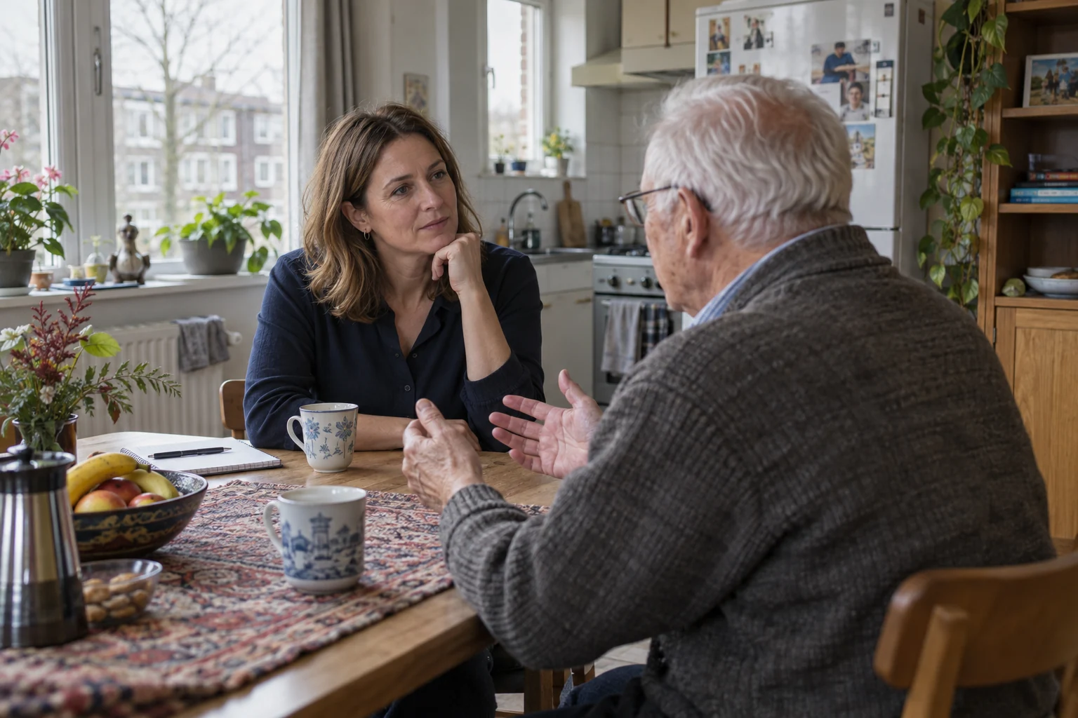 Illustratief beeld van een oudere man die zijn verhaal vertelt aan een aandachtige gesprekspartner.
