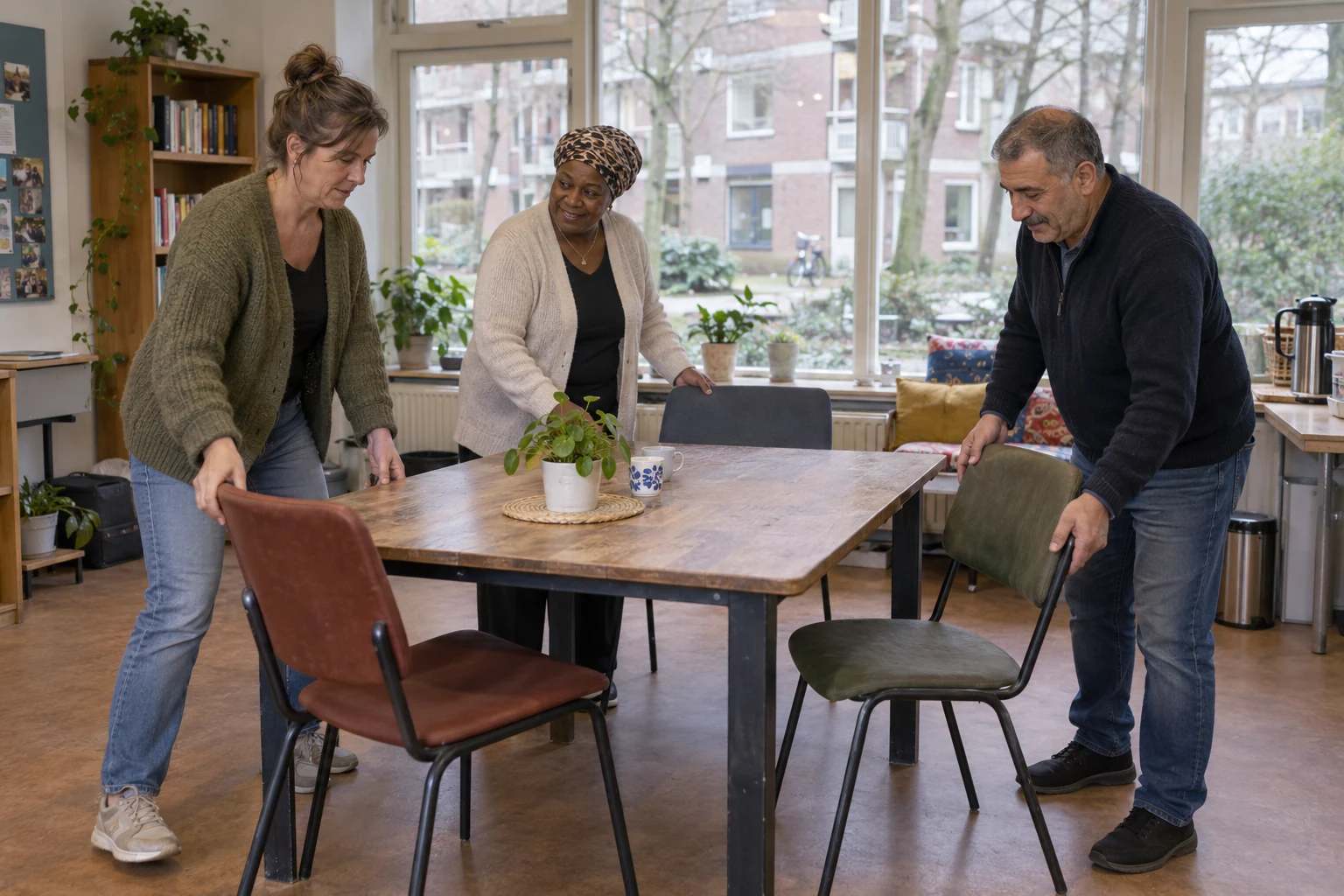 Drie bewoners zetten samen stoelen klaar rond een tafel in de buurtkamer.