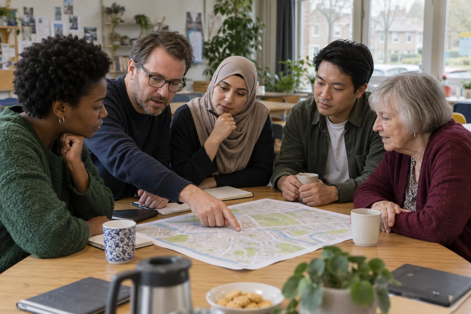 Vijf gesprekspartners bespreken samen een buurtkaart aan tafel.