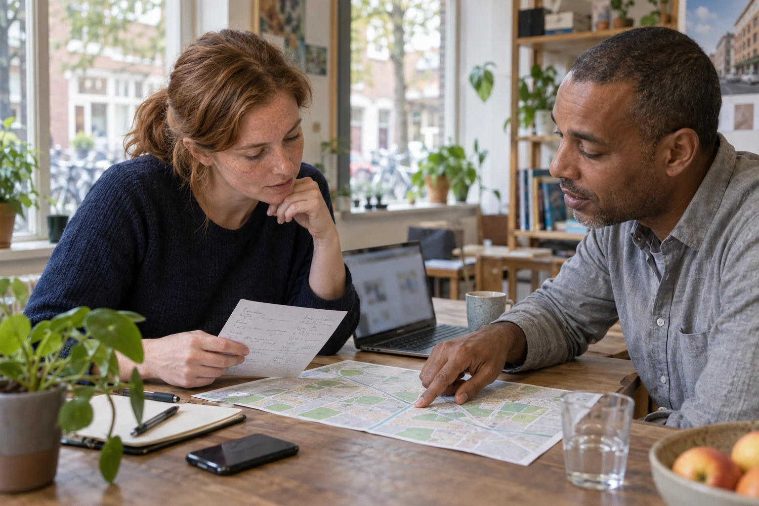 Twee mensen vergelijken aantekeningen met een buurtkaart en informatie op een laptop.