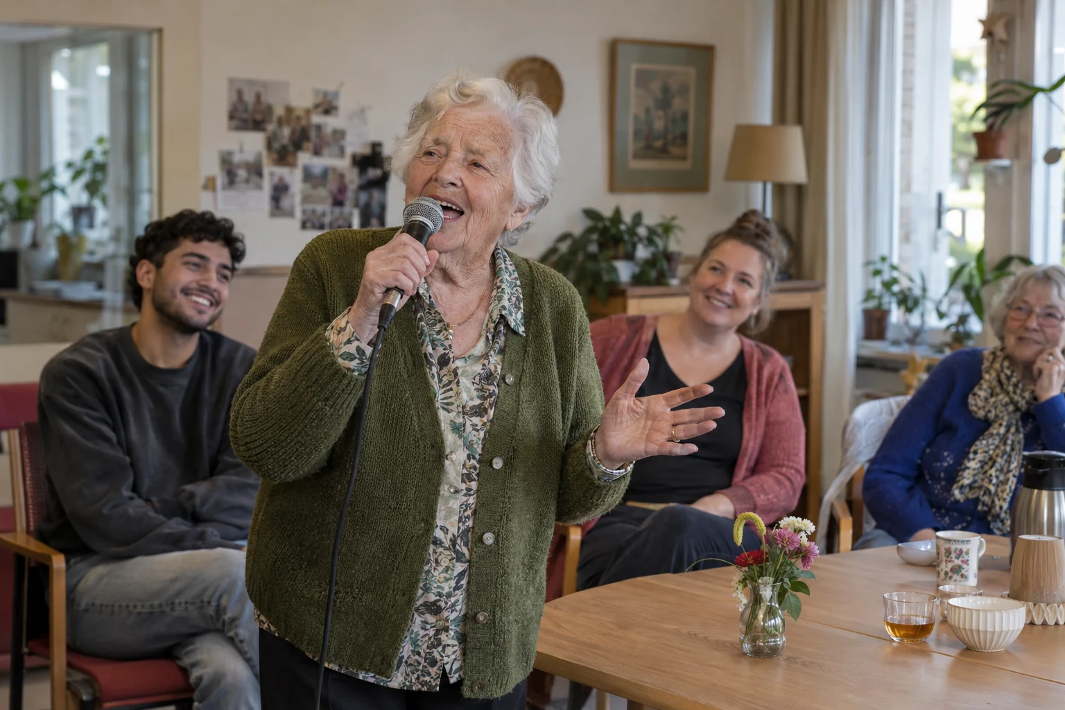 Illustratief beeld van een oudere vrouw die zingt tijdens een kleinschalige buurtactiviteit.